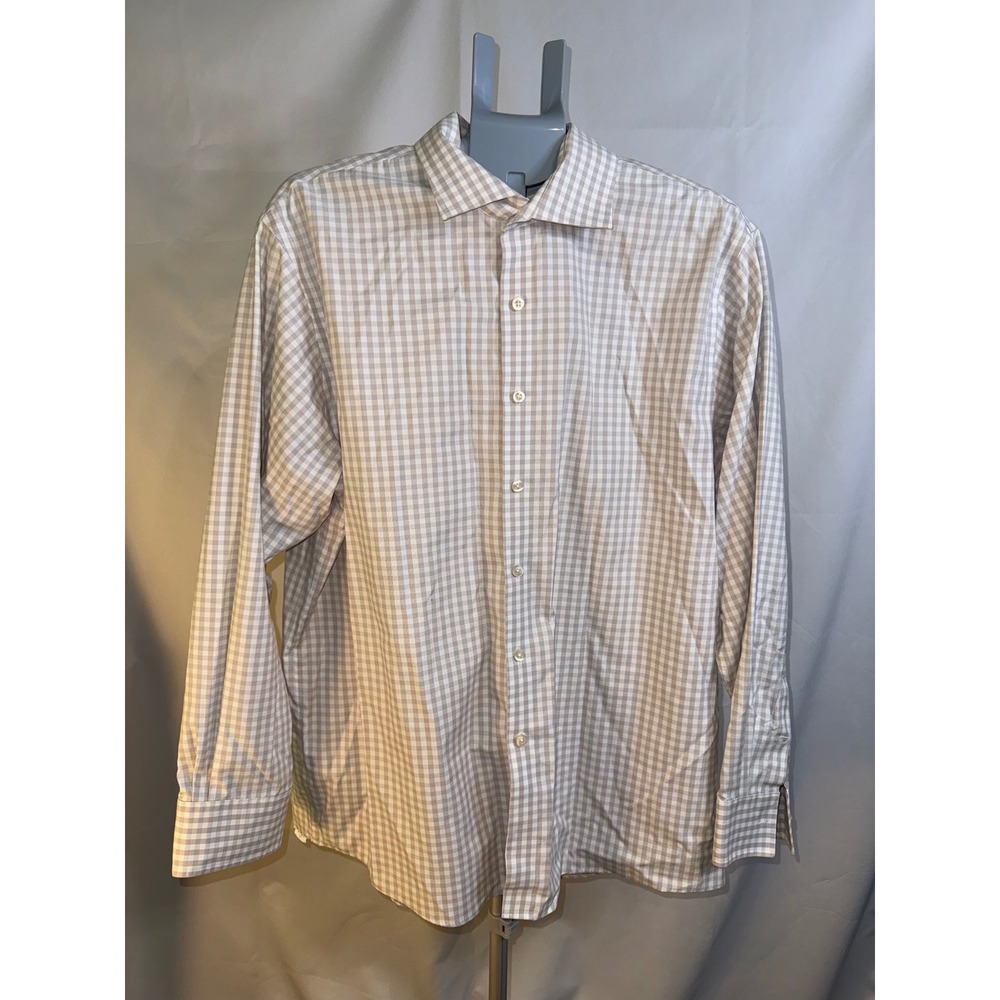 Michael Kors Mens Non Iron Gingham Dress Shirt Tan White 17.5‎ 34/35 Long Sleeve